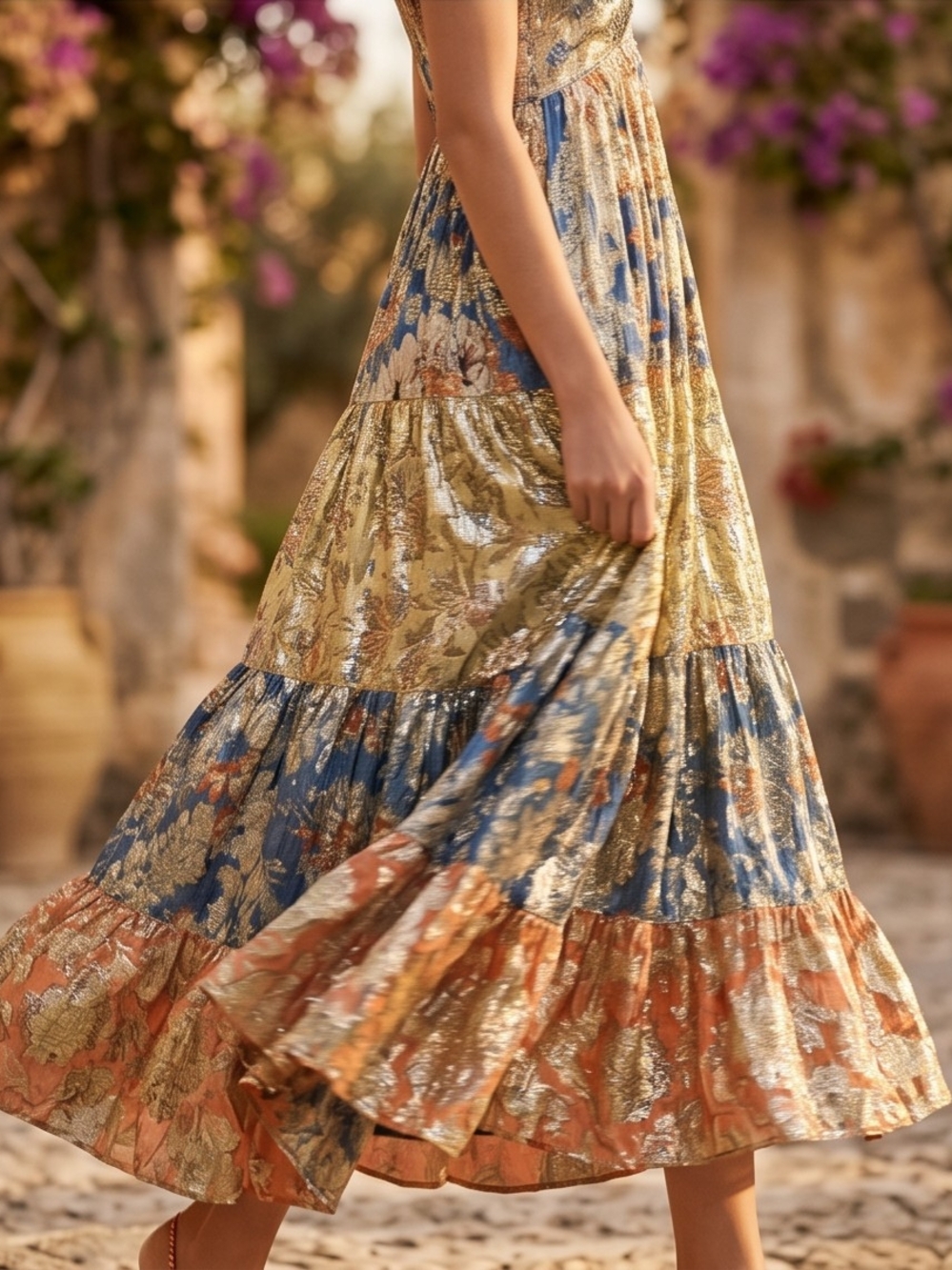 Flowy Romantic Sleeveless Maxi Dress W/Gold Threads Throughout, Blue & Rust